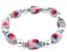 Patriotic Stretchy Bracelet with Oval Flag glass & Sterling Silver Plated beads
